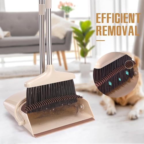 Broom and Dustpan Set with Long Handle, Light Weight Stainless Steel Poles Stand Upright Dustpans with Broom Combo for Home Kitchen Office Pet Dog Hair, Brown & Beige Color, 1-Pack - color: Beige
