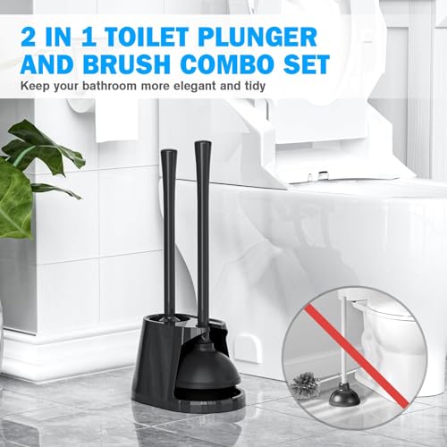 Toilet Plunger and Brush Set, Bowl Brush and Heavy Duty Toilet Plunger with Ventilated Holder, 2-in-1 Toilet Brush and Plunger Combo for Bathroom Deeply Cleaning（Black - color: Black01