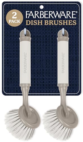 Farberware Dish Brush with Handle – 2 Pack Kitchen Scrub Brush for Dishes, Non-Scratch Dishwashing Brush Set with Firm Bristles for Pots, Pans, & Sink, Soft Grip Handles for Everyday Cleaning - color: Beige/Tan