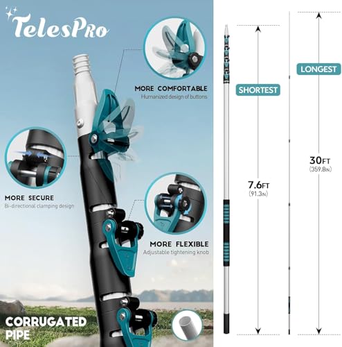 TelesPro 36 Foot High-Reach Duster Kit with 7-30FT Extendable Pole - High Ceiling Duster Cleaning Kit with Telescopic Pole,Cobweb Duster, Chenille Ceiling Fan Duster, Microfiber Feather Duster - size: 30 FT