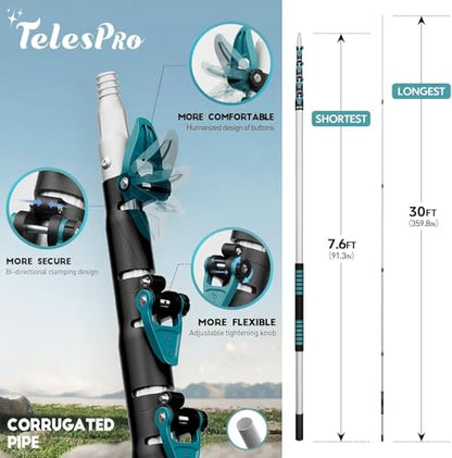 TelesPro 36 Foot High-Reach Duster Kit with 7-30FT Extendable Pole - High Ceiling Duster Cleaning Kit with Telescopic Pole,Cobweb Duster, Chenille Ceiling Fan Duster, Microfiber Feather Duster - size: 30 FT