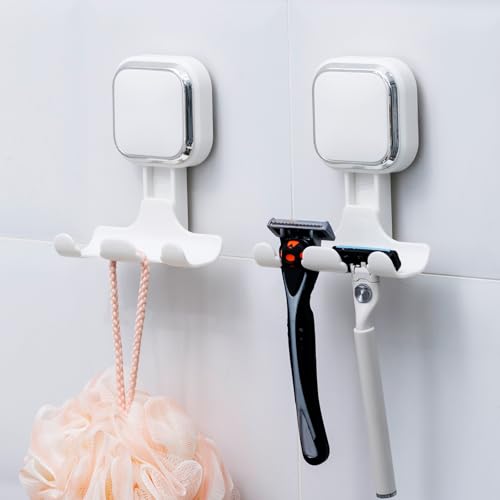 LEVERLOC Vacuum Suction Cup Razor Holder for Shower 2 Pack, Heavy Duty Shower Hooks for Towel, Loofah, Razor, Cell Phone, Damage-Free Hanging Plated Suction Cup Hooks, Easy to Install and Reuse, White - color: White, Square