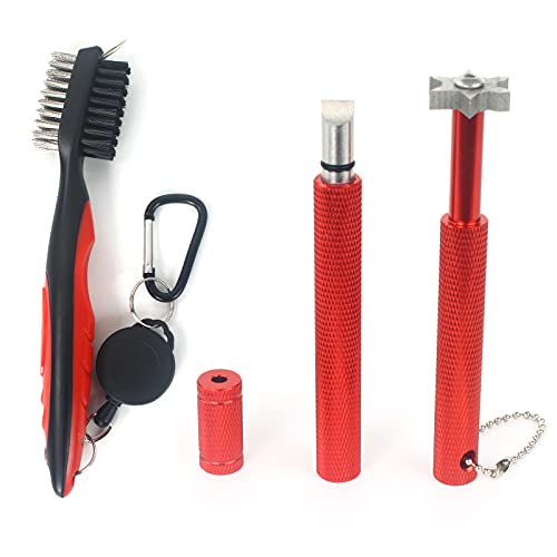 VIPMOON Golf Club Cleaner Kit, 2 Pcs Groove Sharpener Regrooving Tool and 1 Pcs Retractable Club Cleaner Brush, Portable Groove Sharpener Tool for All Golf Irons for Men - color: Red