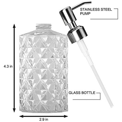 GLADPURE Soap Dispenser - 2 Pack, 12 Oz Clear Diamond Design Glass Refillable Hand Soap Dispensers; with 304 Rust Proof Stainless Steel Pump, Lotion Dispensers for Kitchen, Bathroom