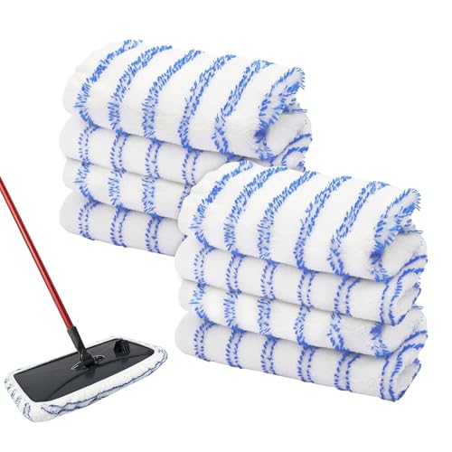 8 Pack Mop Heads Replacements Compatible with Cedar Hard Wood Flooring 'N More Ultra-fine Fiber mop - Microfiber Mop Refills for Cedar Mop Wet and Dry Use 15x8 Inch Pads - color: Blue & White 8 Pack