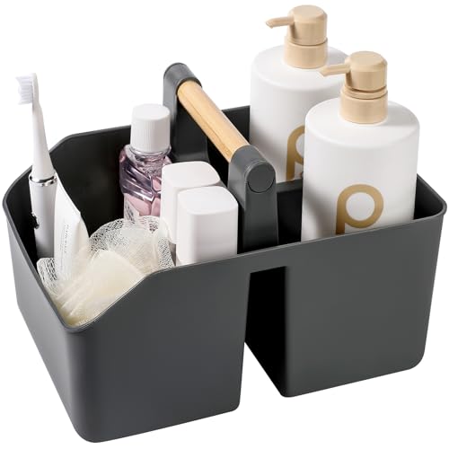 rejomiik Portable Shower Caddy Basket with Bamboo Handle, Plastic Cleaning Caddy Bathroom Organizer Tote for College Dorm Essentials, Bath Toy Storage, Dark Gray - color: Dark Gray