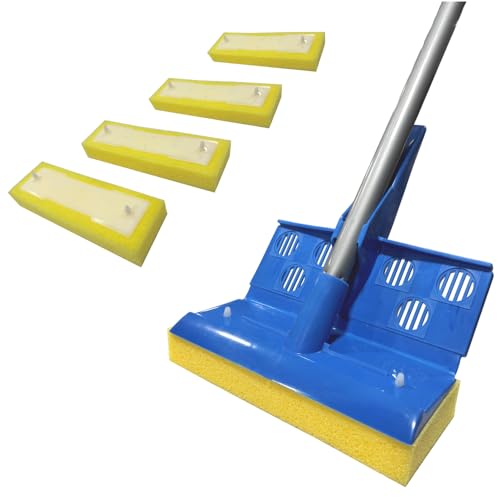 HOMEMAID® EZE-Squeeze Sponge Mop Handle with 4 Sponge Heads (Made in USA) – Self-Wringing Sponge Mop for Hardwood, Tile & Kitchen Floors, Durable Foam Floor Cleaning System