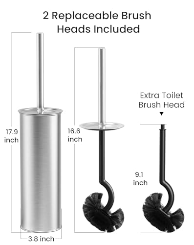 Cesun Toilet Brush and Holder Set, Curved Toilet Bowl Brush for Under Rim Cleaning, 304 Stainless Steel Holder, Weighted Base, Long Handle Toilet Scrubber, 2 Brush Heads, Silver - color: Silver