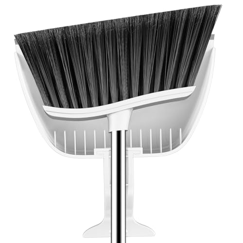 Broom and Step-on Dustpan Set, 59-in Adjustable Long Handle Broom with Dustpan Combo Set Outdoor Angle Broom for Sweeping Indoor Dust Pet Hair for Cleaning Kitchen Garage Deck Patio, White - color: White