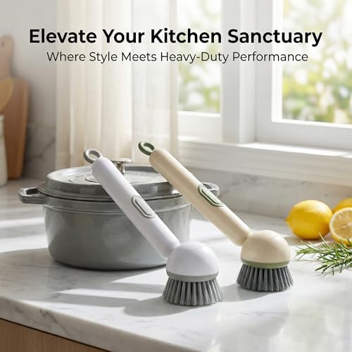Li&Zhao Dish Brush with Soap Dispenser – Kitchen Sink Brush with Built-in Liquid Dispenser Wall Mount for Adjustable Angle Rotating, Heavy-Duty Dish Soap Brush for Sink, Stove, Cookware (2 Pack)