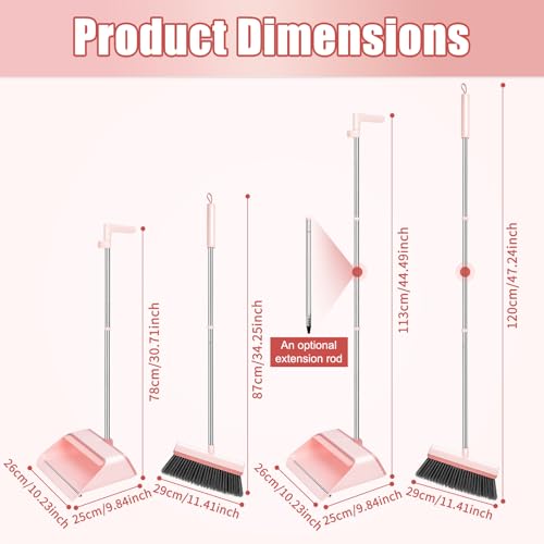 Broom and Dustpan Set, Heavy Duty Stand Up Dust Pan and Broom with 47'' Long Handle, Broom with Dustpan Combo Set for Home Floor Room Kitchen Office Lobby Indoor Outdoor Sweeping Broom Cleaning