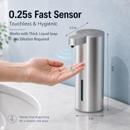 XINKORA Stainless Steel Automatic Soap Dispenser for Dish & Hand Soap, Touchless Sensor Pump, 4 Adjustable Levels, USB-C Rechargeable, 350mL, Wall Mount or Countertop for Kitchen & Bathroom