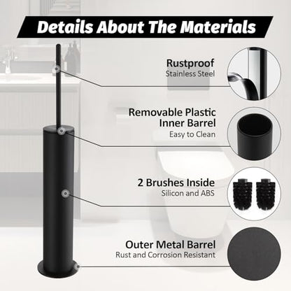 BGL Toilet Brush with Holder Set Matte Black Aluminium Standing for Bathroom Toilet Bowl Cleaner Brush and Holder Set, Round Design - color: Matte Black-standing