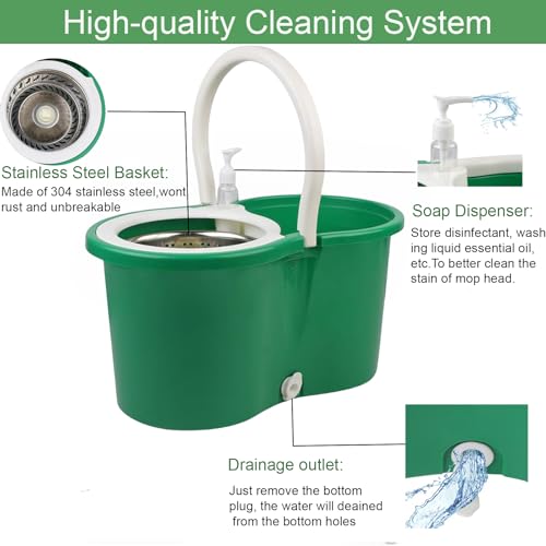 Spin Mop and Bucket with Wringer Set, 360° Spinning Mop Bucket System with 3 Microfiber Mop Replacement Heads Refills,56" Stainless Steel Extended Handle for Floor Cleaning Home Office (20QT) (Green) - color: Green