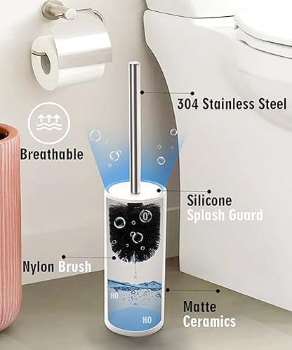 Matt White Ceramic Toilet Brush and Holder Set, Durable Bristles Non Scratch Toilet, Long Stainless Steel Handle, Freestanding Toilet Bowl Cleaners Brush, Scrubber Brush for Toilet - color: Matt White, size: Set/1