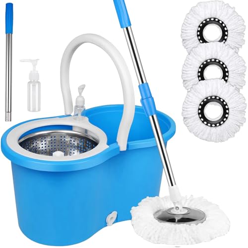 Spin Mop and Bucket with Wringer Set, 360° Spinning Mop Bucket System with 3 Microfiber Mop Replacement Heads Refills,56" Stainless Steel Extended Handle for Floor Cleaning Home(20QT) (Green) (Blue) - color: Blue