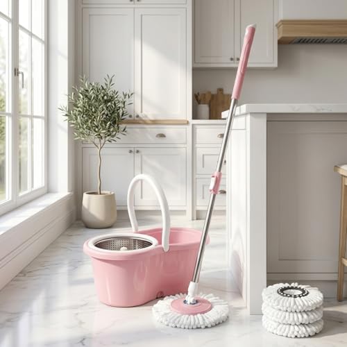 Universal Spin Mop and Bucket System with Stainless Steel Wringer - Heavy-Duty Floor Cleaning Kit Includes 4 Microfiber Mop Head Refills and Extendable Handle, Pink and White, Single Pack