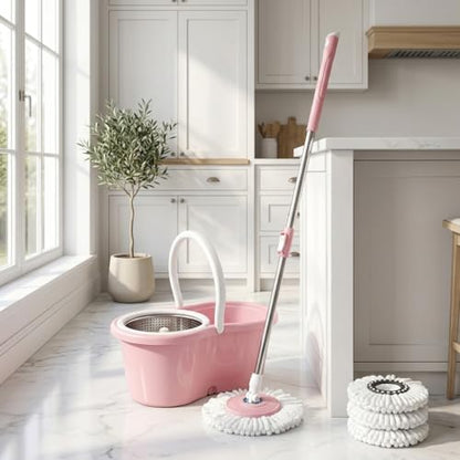 Universal Spin Mop and Bucket System with Stainless Steel Wringer - Heavy-Duty Floor Cleaning Kit Includes 4 Microfiber Mop Head Refills and Extendable Handle, Pink and White, Single Pack