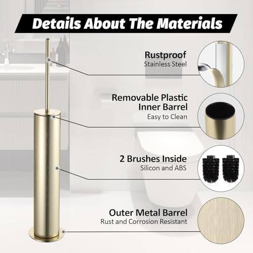 BGL Toilet Brush with Holder Set Brushed Gold Aluminium Standing for Bathroom Toilet Bowl Cleaner Brush and Holder Set, Round Design - color: Brushed Gold-standing