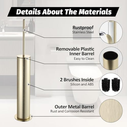 BGL Toilet Brush with Holder Set Brushed Gold Aluminium Standing for Bathroom Toilet Bowl Cleaner Brush and Holder Set, Round Design - color: Brushed Gold-standing
