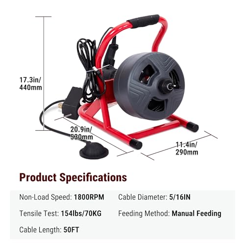 50FT x 5/16 Inch Drain Cleaner Machine, Electric Drain Auger for 3/4"-3" Pipes, Sewer Snake Auger with 4 Cutters & Pneumatic Foot Switch - style: 50FT x 5/16inch