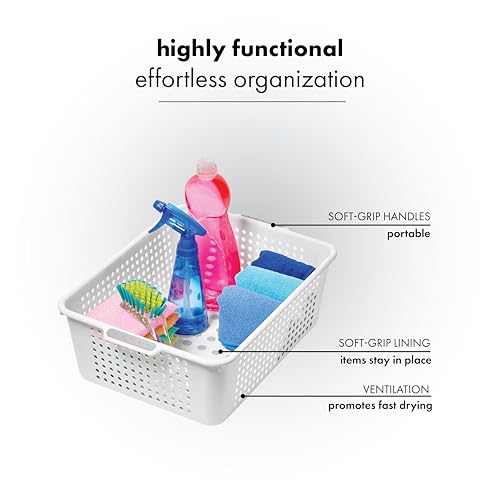 madesmart Medium Storage Basket, Multipurpose Organizer with Soft-Grip Handles, Ventilated Design for Laundry, Bath & Kitchen Storage, White, 14 x 10 x 5" - size: Medium