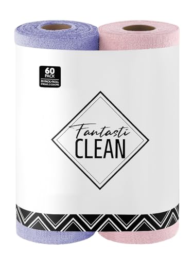 Fantasticlean Microfiber Cleaning Cloth Roll -60 Pack, Tear Away Microfiber Towels, 12" x 12", Reusable, Washable, Scratch Free, Ultra Absorbent Dishcloth for All-Around Cleaning (Pink & Lavender) - color: Lavender and Pink, size: 60 pack