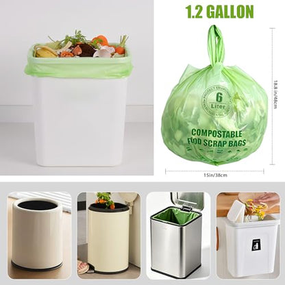 Small Compostable Trash Bags with Handles for Countertop Bin 6L,1.2 Gallon 100 Count Green Biodegradable Recycle Bags for Kitchen，Food Waste Bag with TUV and OK Compost Home and BPI Certified
