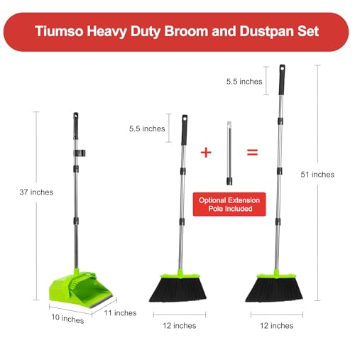Tiumso Upgrade Broom with Dustpan Combo Set, Broom and Dustpan Set with 51'' Long Handle, Large Upright Brooms and Dust Pans, ZeroGap Lip, Self-Cleaning Teeth for Lobby and Restaurant - Light Green - color: Green