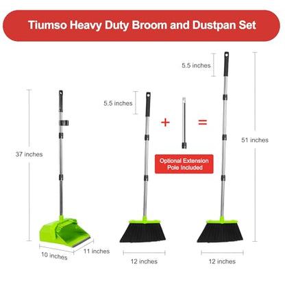 Tiumso Upgrade Broom with Dustpan Combo Set, Broom and Dustpan Set with 51'' Long Handle, Large Upright Brooms and Dust Pans, ZeroGap Lip, Self-Cleaning Teeth for Lobby and Restaurant - Light Green - color: Green