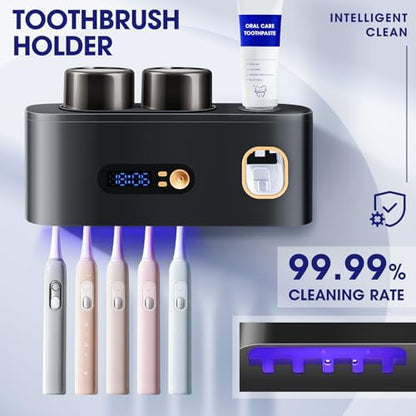 Toothbrush Sterilizer Holders,Smart Drying and Cleaning Wall Mounted Holder with Automatic Toothpaste Dispenser, 5 Brush Slots 2 Cups for Bathroom (Gray) - color: Gray