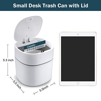 Mini Desk Trash Can with Lid with Trash Bags 180 pcs Press-Top 0.5 Gallon Tiny Countertop Waste Basket Small Table Top Plastic Covered Garbage Bin for Desk Top - color: White