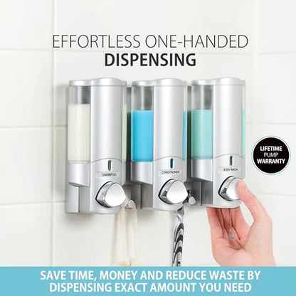 Better Living Aviva Shower Dispenser 3 Chamber,Wall Mount Shower Soap Dispenser for Bathroom Hotel Body Wash,Built-in Hooks,No Drill,Waterproof Shampoo Soap-Dispenser,3 x11 oz,Satin Silver,(Pack of 6) - color: Satin Silver, size: 3-Chamber (Pack of 6)
