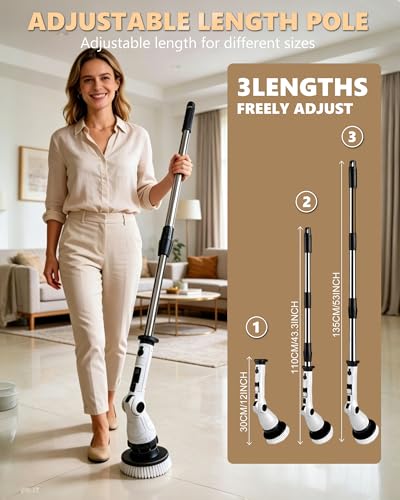 Cordless Electric Spin Scrubber, IPX7 Waterproof with 8 Replaceable Brush Heads, 3 Speeds & 6 Adjustable Angles, Extension Handle and LCD Display, for Bathroom, Bathtub, Kitchen & Wall Cleaning