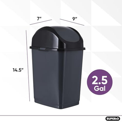 Superio Small 2.5 Gallon Plastic Trash Can with Swing Top Lid, Compact, Slim Waste Bin for Under Desk, Office, Bedroom, Bathroom, Dorm Room, 10 Qt. Portable Garbage Can (Dark Gray, 2 - size: 2.5 Gallon, style: 1 Pack