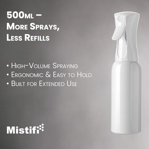 Mistifi Continuous Ultra Fine Mist Spray Bottle – Refillable Water Sprayer for Plants, Hair Styling & Cleaning (500ml 1Pc, White bottle) - color: White bottle, style: 500ml 1Pc