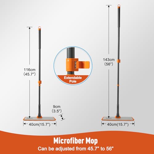 CLEANHOME Microfiber Mop Floor Dust Mop with Extendable Long Handle, Flat Mop with 4 Reusable Pads and 1 Dirt Removal Scrubber, Suitable for Home Kitchen Bathroom Living Room Cleaning | Telescopic Aluminum Flat Mop with Dust, Polish & Wet Wash Functions,&