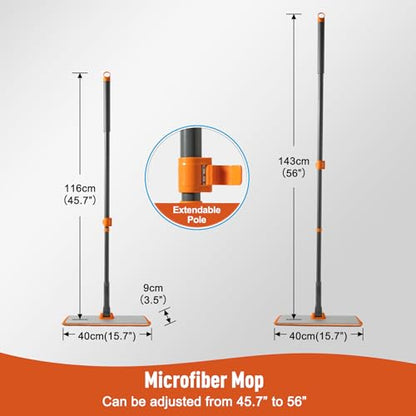 CLEANHOME Microfiber Mop Floor Dust Mop with Extendable Long Handle, Flat Mop with 4 Reusable Pads and 1 Dirt Removal Scrubber, Suitable for Home Kitchen Bathroom Living Room Cleaning | Telescopic Aluminum Flat Mop with Dust, Polish & Wet Wash Functions,&