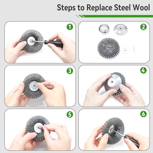 5 Pcs Steel Wool Scrubber with Handle: Stainless Steel Scrub Set for Cast Iron Scouring Stubborn Messes from Cast Iron, Pots, Pans, Grill, Stoves, Sink (1 Scrubber + 5 Pads)