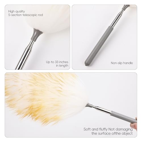 Mini Feathers Duster,Telescoping Lambswool Dusters with Stainless Steel Extension Pole Up to 34" for Cleaning High Ceiling Fan, High Ceilings,Furniture,Hard to Reach Areas - size: 14-34inch