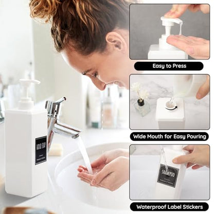 Segbeauty 33.8oz Plastic Soap Dispenser Bathroom, 2pcs Sqaure Body Wash Container Empty, 1000ml White Leakproof Hand Soap Dispenser, Large Pump Bottles for Shampoo and Conditioner with Labels - color: White, style: 2pcs