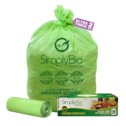 Simply Bio 60-65 Gallon Compostable Trash Bags Liners Flat-Top, Heavy Duty Extra Thick 2 Mil, 242.27 Liter, 12 Bags, Lawn, Yard, and Restaurant Use, ASTM D6400, US BPI, OK Compost Home Certified - size: 1 Count (Pack of 12), style: Flat-Top (64 Gal, 2 mil
