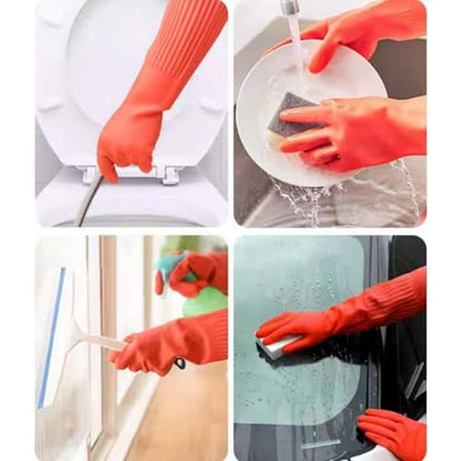 Waterproof Thickened Latex Household Cleaning 18inch Gloves Red Long Sleeved Heavy-duty Reusable 2 Pairs Black - color: Red, size: Large