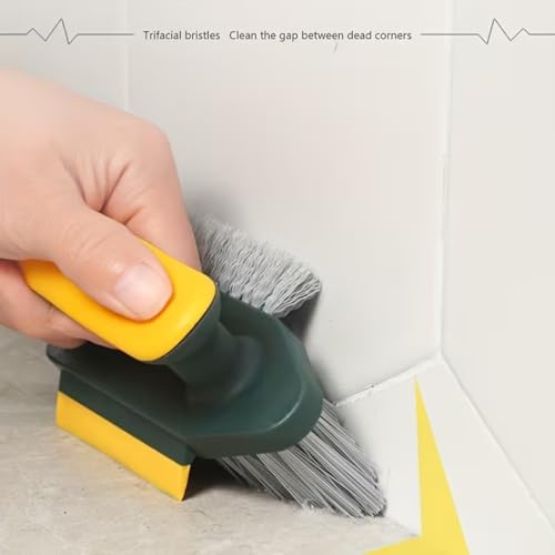 2-in-1 Multifunctional Crevice Cleaning Brush with Squeegee, V-Shaped Bristle Grout Cleaner Brush for Bathroom Floor Corners, Window Tracks & Shower Tile, Ergonomic Scrub Brush, Green
