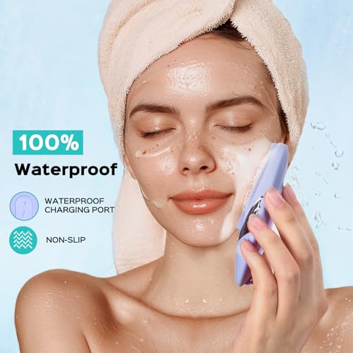 COSLUS FBS01 Facial Cleansing Brush Face Scrubber, Compact for Travel | Rechargeable, Gentle Silicone, 5 Cleansing Modes, Deep Cleaning for Men & Women, Removing Blackhead Exfoliating,Purple - color: Purple