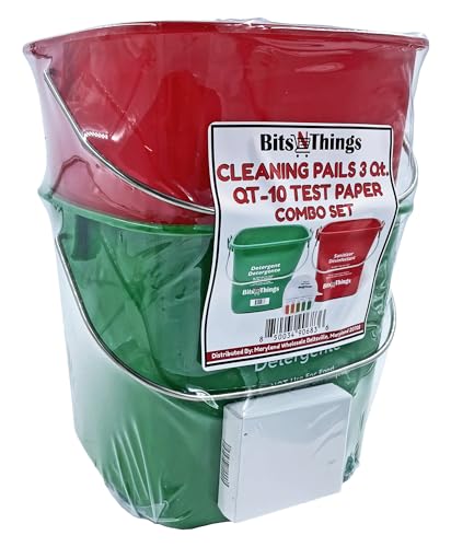 Bits N Things Cleaning Pails - Red Sanitizing (1), Green Detergent (1) 3 Quart,Cleaning Buckets, and QT-10 Quaternary Sanitizer Test Tape 15 feet Roll (1)