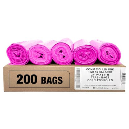 Ultrasac Heavy Duty 55 Gallon Pink Trash Bags - (Value 200 Pack) - 1.5 MIL equivalent Industrial Strength Plastic 37" x 54" for 50-55 Gal Cans -Fits Toter, Rubbermaid Brute, Carlislie Bronco etc. - color: Pink, style: 50-55 Gal, 1.5 Mil Equiv, 200 Count