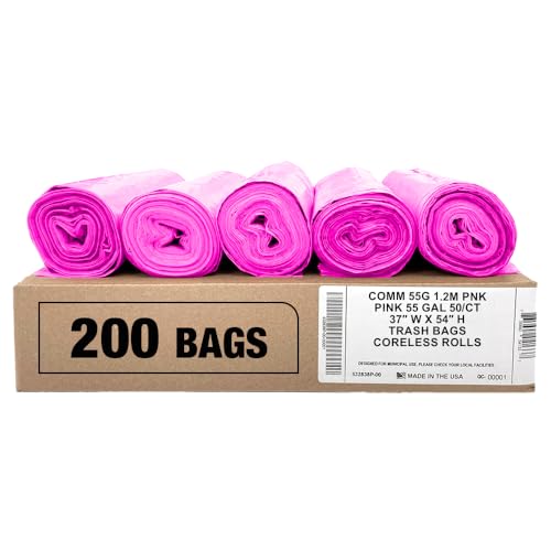 Ultrasac Heavy Duty 55 Gallon Pink Trash Bags - (Value 200 Pack) - 1.5 MIL equivalent Industrial Strength Plastic 37" x 54" for 50-55 Gal Cans -Fits Toter, Rubbermaid Brute, Carlislie Bronco etc. - color: Pink, style: 50-55 Gal, 1.5 Mil Equiv, 200 Count