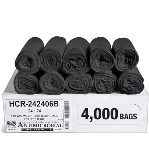 Aluf Plastics High Density Trash Bags, 10 Gallon, 4000 Count, 6 Micron (eq), 24" x 24", Black, for Bathroom, Office, Industrial, Commercial, Janitorial, Municipal, Recycling - color: Black, style: 7-10 Gal, 6 Micron Equiv, 4,000 Count