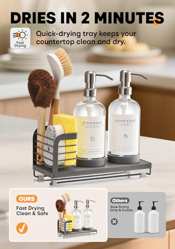 Kitchen Soap Dispenser Set with Drying Tray – 16oz Glass Bottles with Stainless Steel Pumps, Sink Organizer Caddy with Brush Holder & Non-Slip Feet – All-in-One Dish & Hand Soap Station - color: Grey Sink Caddy + Clear Bottle + Silver Pump